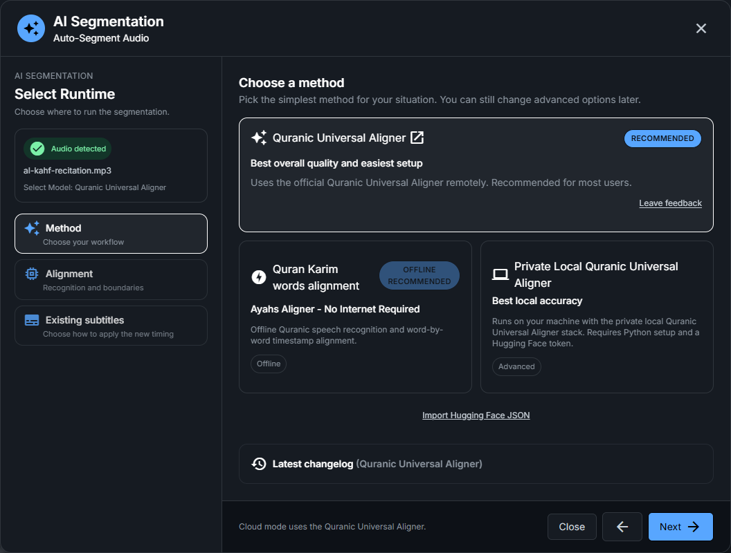Transcription wizard showing the method selection