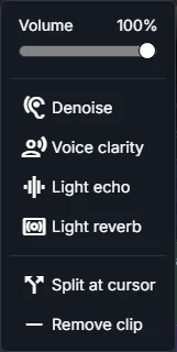 Right-click menu of a clip showing volume, audio effects, and other actions