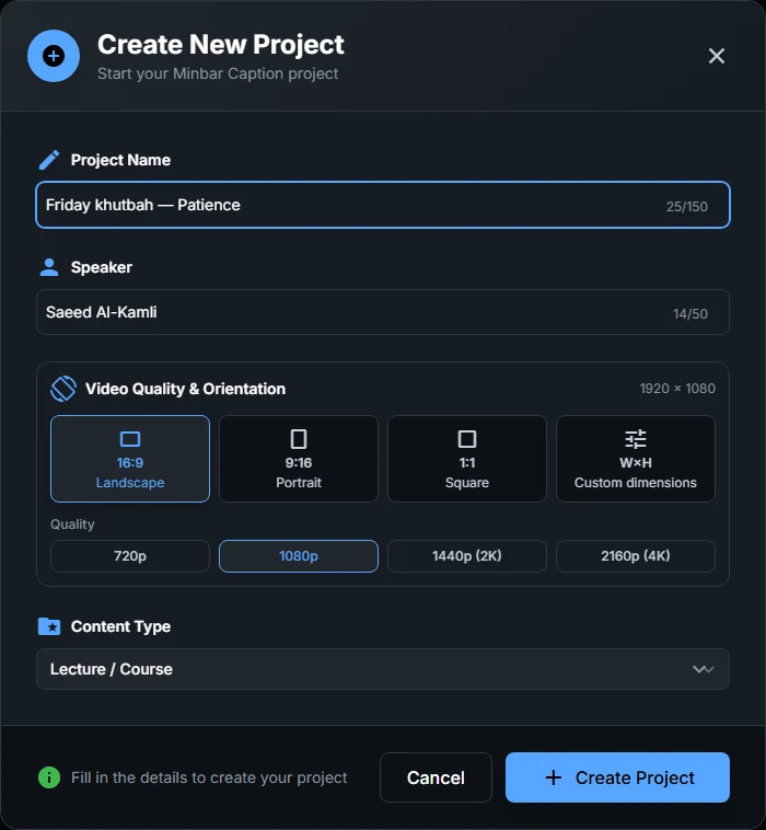 Create New Project dialog with name, speaker, orientation, quality, and type fields