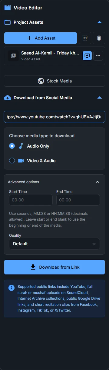 Download from link section with a URL field and download options