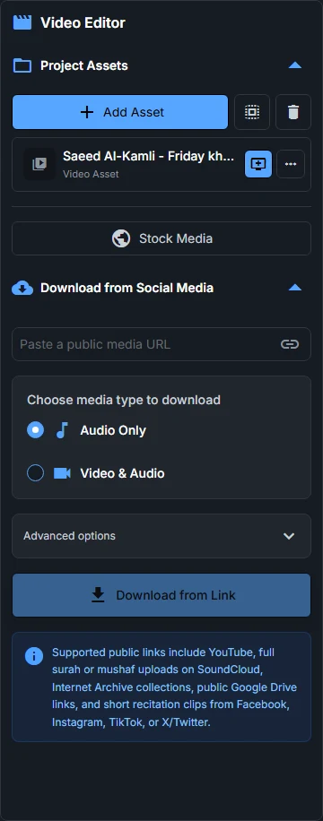 Project Assets panel with the Add Asset button and a list of imported files