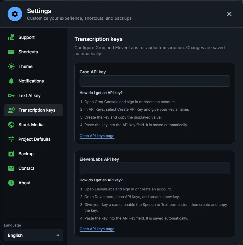 Settings window showing the settings panels