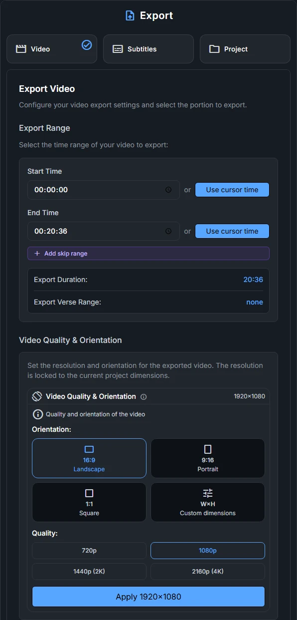 Video export settings with range, quality, and advanced options