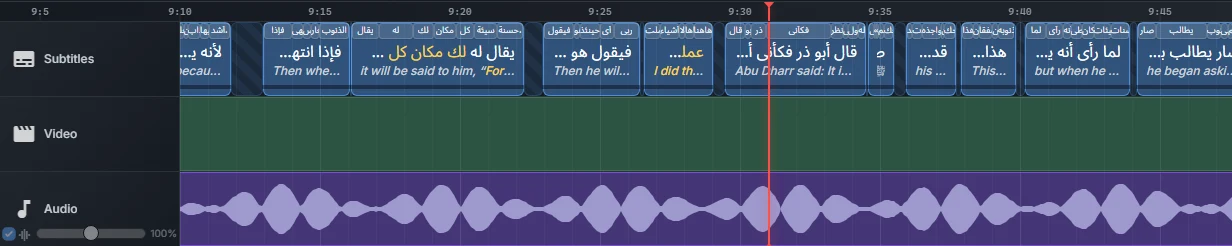 Timeline with audio waveforms and video thumbnails visible on clips