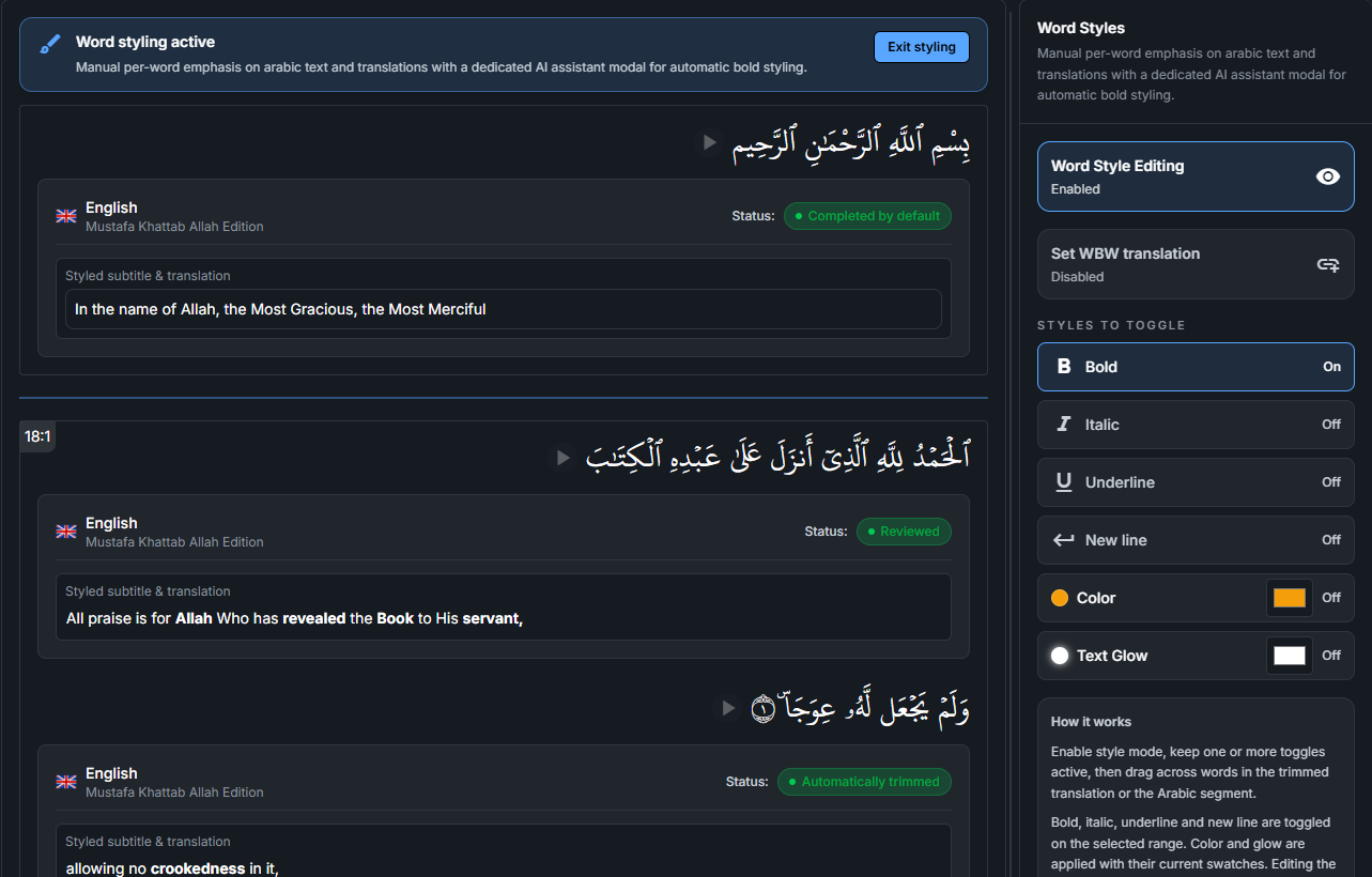 Word style editing with bold, italic, underline, new line, color, and glow toggles