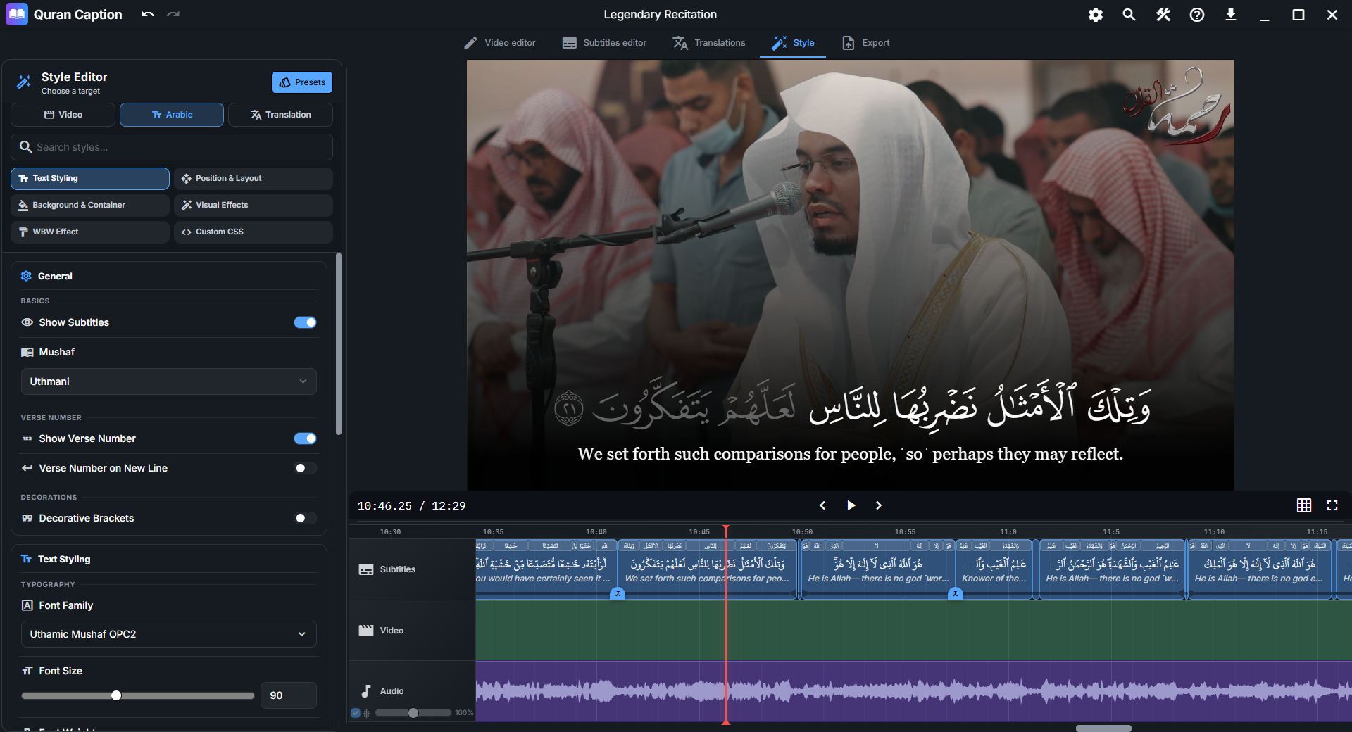 Minbar Caption video editor showing subtitle styling and timeline tools